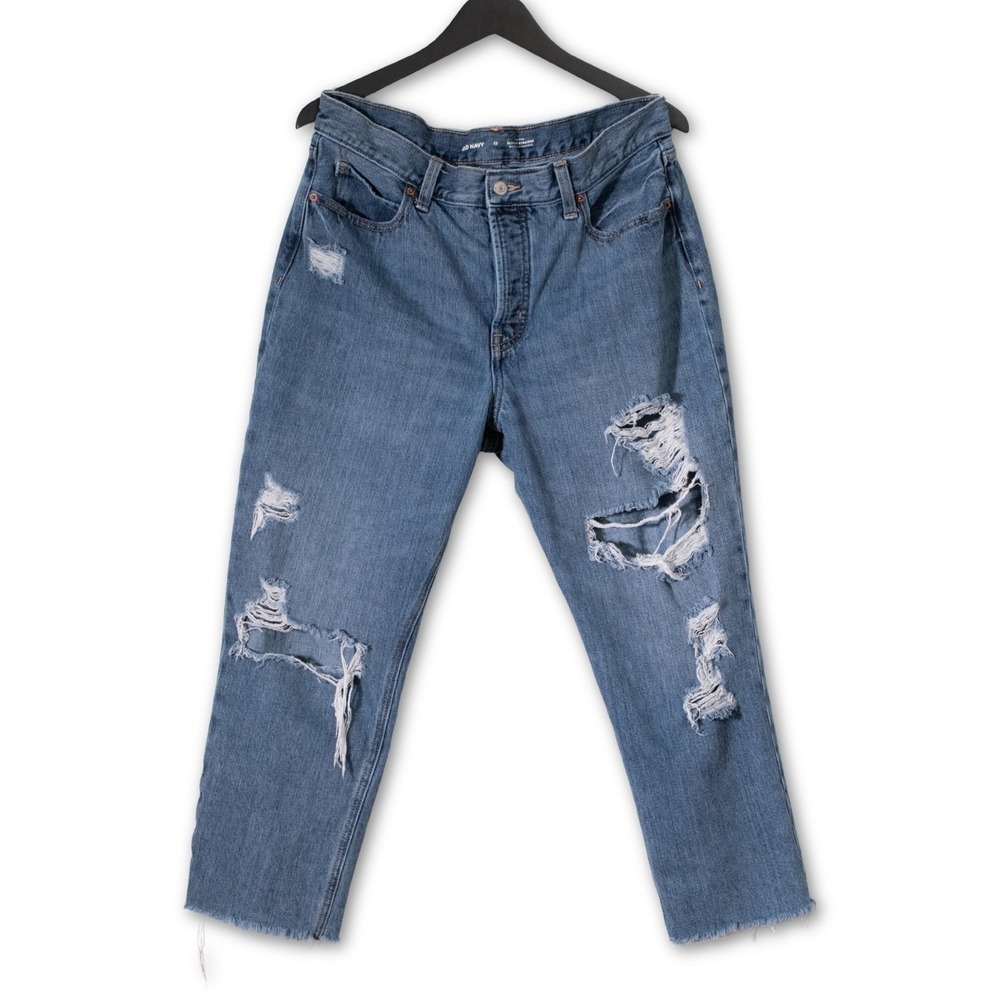 Old Navy Jeans Womens 12 Blue Straight Distressed Button Fly Raw Hem Pants‎